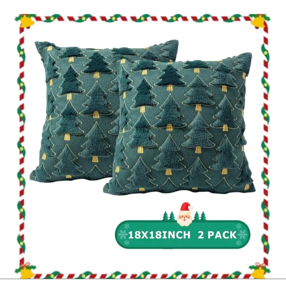 NEW Green Set of 2 Christmas Holiday Throw Pillow Covers 18x18”